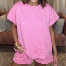 Women's Solid Textured Drawstring Shorts Set (Buy 2 Free Shipping)